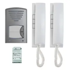 FARFISA Kaputelefon szett, 2 db EX311 Exhito kaputelefon, 1 db felületre szerelhető kültéri nyomógombos panel, 1 db PRS210 tápegység