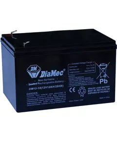 DIAMEC AGM (VRLA/SLA) gondoz&aacute;smentes z&aacute;rt akkumul&aacute;tor biztons&aacute;gtechnikai rendszerekhez &eacute;s elektromos j&aacute;t&eacute;kokhoz, 12 V, 10 Ah, 151 x 65,5 x 110 mm, 3 kg, norm&aacute;l t&aacute;pegys&eacute;gekhez, norm&aacute;l csatlakoz&oacute;.