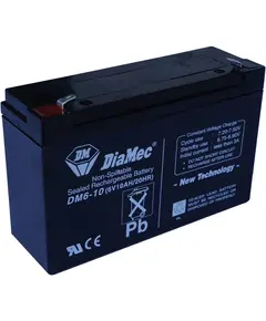 DIAMEC AGM (VRLA/SLA) gondoz&aacute;smentes z&aacute;rt akkumul&aacute;tor biztons&aacute;gtechnikai rendszerekhez &eacute;s elektromos j&aacute;t&eacute;kokhoz, ciklikus haszn&aacute;latra, 6 V, 10 Ah, 151 x 51 x 93,5 mm, 1,7 kg