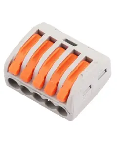 WAGO rendszerű gyorscsatlakozó Névleges feszültség (V): 450 Névleges áram (A): 32, Huzalátmérő (AWG/mm): 0.14(0.2)-4mm Feszültség ellenállás (KV): 2.5, Szalaghossz (mm: 11, Pólusok száma (p): 5, Srapnel: Rozsdamentes acél, Érintkezési anyag: Nikkel ón