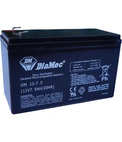 DIAMEC AGM (VRLA/SLA) gondozásmentes akkumulátor biztonságtechnikai rendszerekhez és elektromos játékokhoz, 12 V, 7,5 Ah, 151 x 65 x 93,5 mm, 2,35 kg, normál tápegységekhez.