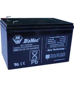 DIAMEC AGM (VRLA/SLA) gondozásmentes zárt akkumulátor biztonságtechnikai rendszerekhez és elektromos játékokhoz, ciklikus használatra, 12 V, 12,0 Ah, 151 x 99 x 95 mm, 3,78 kg