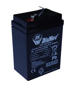 DIAMEC AGM (VRLA/SLA) gondozásmentes zárt akkumulátor biztonságtechnikai rendszerekhez és elektromos játékokhoz, ciklikus használatra, 6 V, 5 Ah, 70 x 47,5 x 101 mm, 0,85 kg