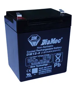 DIAMEC AGM (VRLA/SLA) gondozásmentes zárt akkumulátor biztonságtechnikai rendszerekhez és elektromos játékokhoz, ciklikus használatra, 12 V, 4 Ah, 89,5 x 70 x 100,5 mm, 1,35 kg
