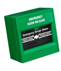 HONNOR SECURITY Vészhelyzeti ajtónyitó gomb, betörhető üveg, tűzálló, NO\NC\COM kimenet, zöld színű