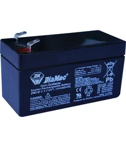 DIAMEC AGM (VRLA/SLA) gondozásmentes zárt akkumulátor biztonságtechnikai rendszerekhez és elektromos játékokhoz, ciklikus használatra, 12 V, 1,2 Ah, 97 x 43 x 52 mm, 0,45 kg