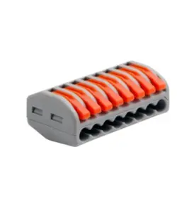 WAGO rendszerű gyorscsatlakozó Névleges feszültség (V): 450 Névleges áram (A): 32, Huzalátmérő (AWG/mm): 0,14(0,2)-4mm, Feszültség ellenállás (KV): 2.5, Szalaghossz (mm: 11, Pólusok száma (p): 8, Srapnel: Rozsdamentes acél, Érintkezési anyag: Nikkel ón