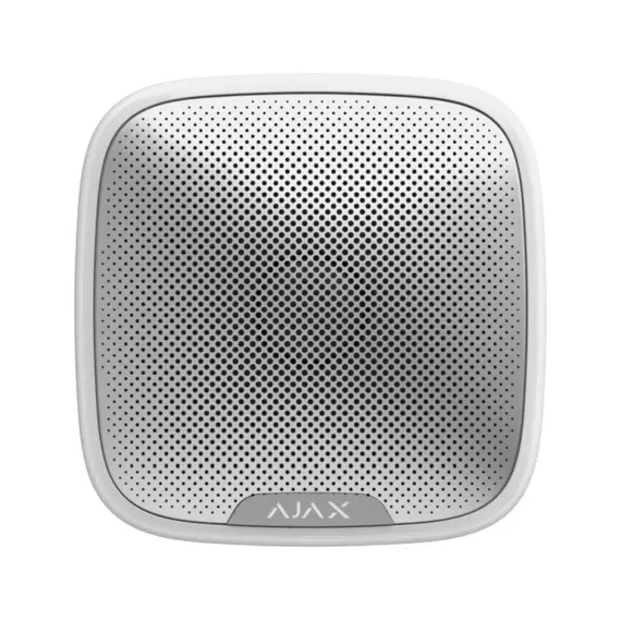 AJAX SYSTEMS Ajax StreetSiren vezetéknélküli kültéri hang-/fényjelző állítható hangerővel 85-113 dB 1 m LED vizuális visszajelzéssel, beépített gyorsulásérzékelős tampervédelem, elemes tápellátás opciónális külső betáplálással 12V DC, fehér