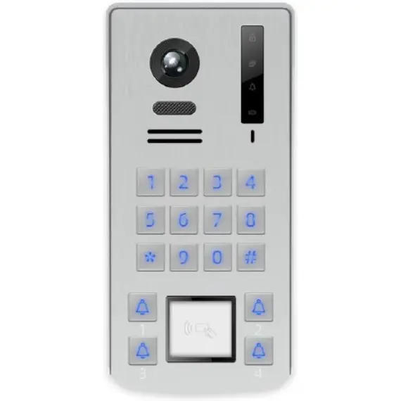 HONNOR SECURITY Video kaputelefon 4 hívógombos kültéri egység, vandálbiztos, nyomógombos kódzáras, kártyaolvasós, 110° 1080P CMOS kamerával, IP66