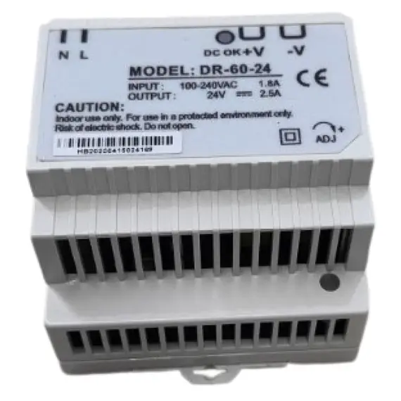 HONNOR SECURITY DIN sínre szerelhető tápegység 230Vac/24Vdc-2,5A busz leválasztó nélkül, 2 vezetékes video kaputelefonhoz.