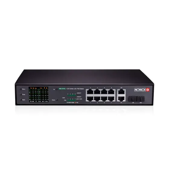 PROVISION-ISR 8 csatornás Giga PoE switch 2G combo Ethernet portokkal és LCD képernyővel. CCTV üzemmóddal rendelkezik a hatótávolság növeléséhez és a biztonság javításához