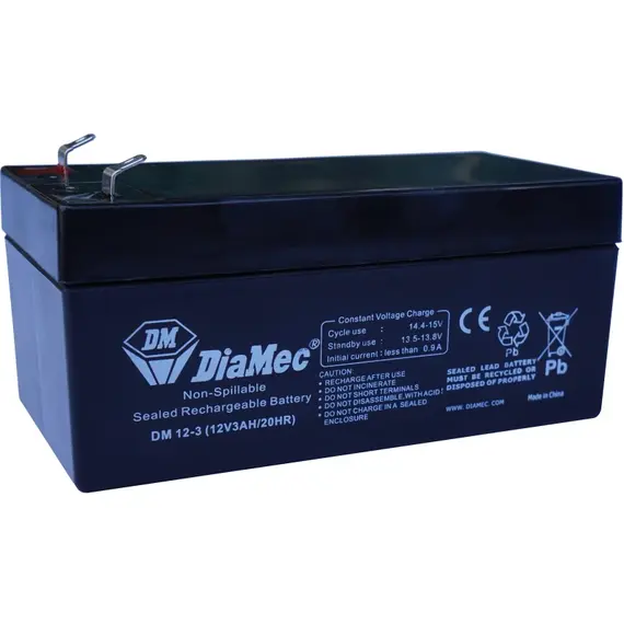 DIAMEC AGM (VRLA/SLA) gondozásmentes zárt akkumulátor biztonságtechnikai rendszerekhez és elektromos játékokhoz, ciklikus használatra, 12 V, 3 Ah, 134 x 67 x 66 mm, 1,10 kg