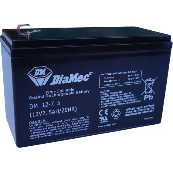 DIAMEC AGM (VRLA/SLA) gondozásmentes akkumulátor biztonságtechnikai rendszerekhez és elektromos játékokhoz, 12 V, 7,5 Ah, 151 x 65 x 93,5 mm, 2,35 kg, normál tápegységekhez.