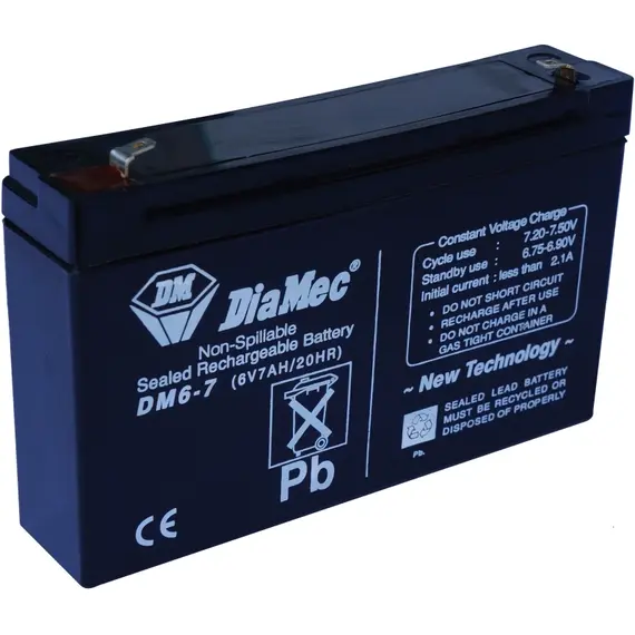 DIAMEC AGM (VRLA/SLA) gondozásmentes zárt akkumulátor biztonságtechnikai rendszerekhez és elektromos játékokhoz, ciklikus használatra, 6 V, 7 Ah, 151 x 34 x 93,5 mm, 1,08 kg
