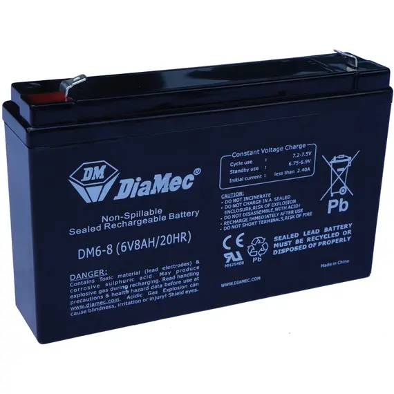 DIAMEC AGM (VRLA/SLA) gondozásmentes zárt akkumulátor biztonságtechnikai rendszerekhez és elektromos játékokhoz, ciklikus használatra, 6 V, 8 Ah, 151 x 34 x 93,5 mm, 1,25 kg