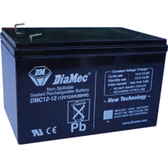 DIAMEC AGM (VRLA/SLA) gondozásmentes zárt akkumulátor biztonságtechnikai rendszerekhez és elektromos játékokhoz, ciklikus használatra, 12 V, 12,0 Ah, 151 x 99 x 95 mm, 3,78 kg