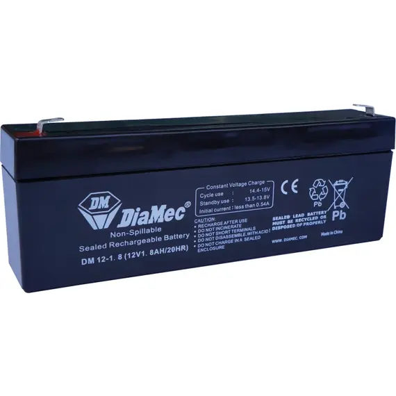 DIAMEC AGM (VRLA/SLA) gondozásmentes zárt akkumulátor biztonságtechnikai rendszerekhez és elektromos játékokhoz, ciklikus használatra, 12 V, 1,8 Ah, 177,5 x 35 x 61,5 mm, 0,77 kg