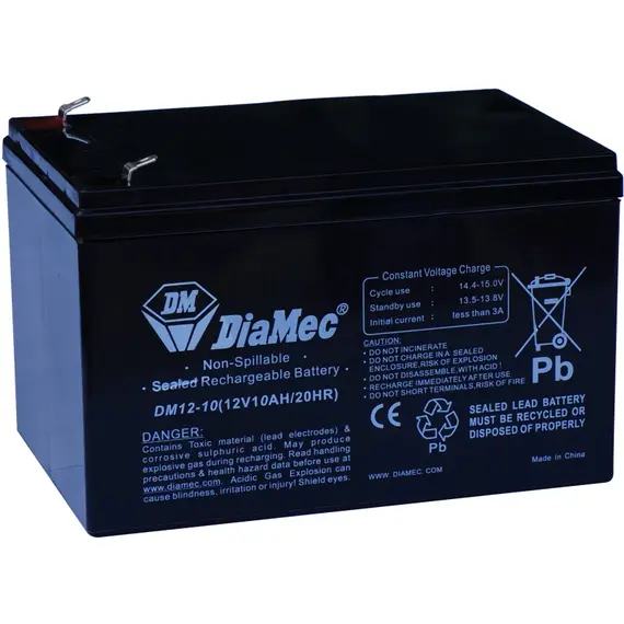 DIAMEC AGM (VRLA/SLA) gondozásmentes zárt akkumulátor biztonságtechnikai rendszerekhez és elektromos játékokhoz, 12 V, 10 Ah, 151 x 65,5 x 110 mm, 3 kg, normál tápegységekhez, normál csatlakozó.