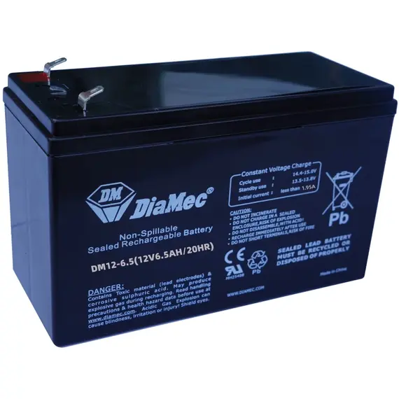 DIAMEC AGM (VRLA/SLA) gondozásmentes zárt akkumulátor biztonságtechnikai rendszerekhez és elektromos játékokhoz, 12 V, 6,5 Ah, 151 x 65 x 93,5 mm, 2 kg, normál tápegységekhez
