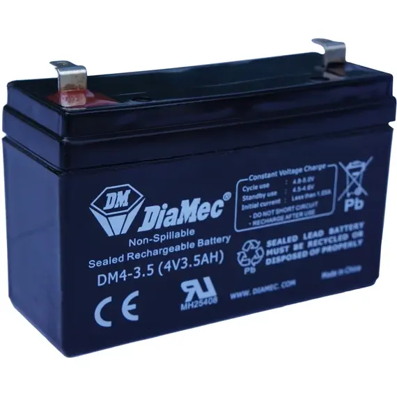 DIAMEC AGM (VRLA/SLA) gondozásmentes zárt akkumulátor biztonságtechnikai rendszerekhez és elektromos játékokhoz, ciklikus használatra, 4 V, 3,5 Ah, 90,5 x 34,5 x 56,5 mm, 0,42 kg