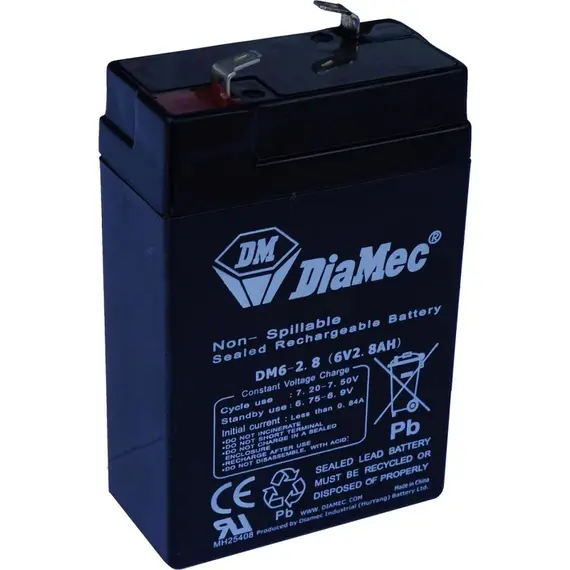 DIAMEC AGM (VRLA/SLA) gondozásmentes zárt akkumulátor biztonságtechnikai rendszerekhez és elektromos játékokhoz, ciklikus használatra, 6 V, 2,8 Ah, 66,5 x 33,5 x 100 mm, 0,58 kg