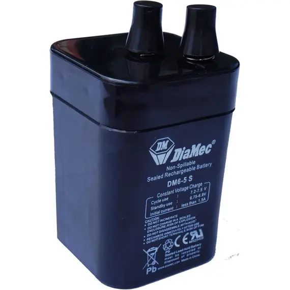 DIAMEC AGM (VRLA/SLA) gondozásmentes zárt akkumulátor biztonságtechnikai rendszerekhez és elektromos játékokhoz, ciklikus használatra, 6 V, 5 Ah, 67 x 67 x 96,5 mm, 0,76 kg