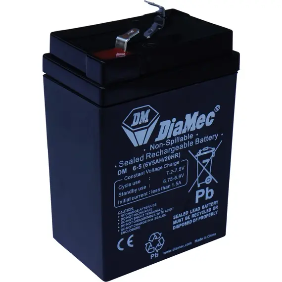 DIAMEC AGM (VRLA/SLA) gondozásmentes zárt akkumulátor biztonságtechnikai rendszerekhez és elektromos játékokhoz, ciklikus használatra, 6 V, 5 Ah, 70 x 47,5 x 101 mm, 0,85 kg