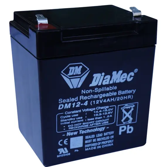 DIAMEC AGM (VRLA/SLA) gondozásmentes zárt akkumulátor biztonságtechnikai rendszerekhez és elektromos játékokhoz, ciklikus használatra, 12 V, 4 Ah, 89,5 x 70 x 100,5 mm, 1,35 kg