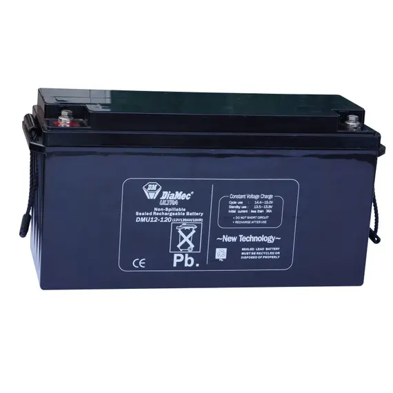 DIAMEC AGM (VRLA/SLA) gondozásmentes zárt akkumulátor biztonságtechnikai rendszerekhez és elektromos játékokhoz, ciklikus használatra, 12 V, 120 Ah, 450 x 172 x 217 mm, 36,5 kg