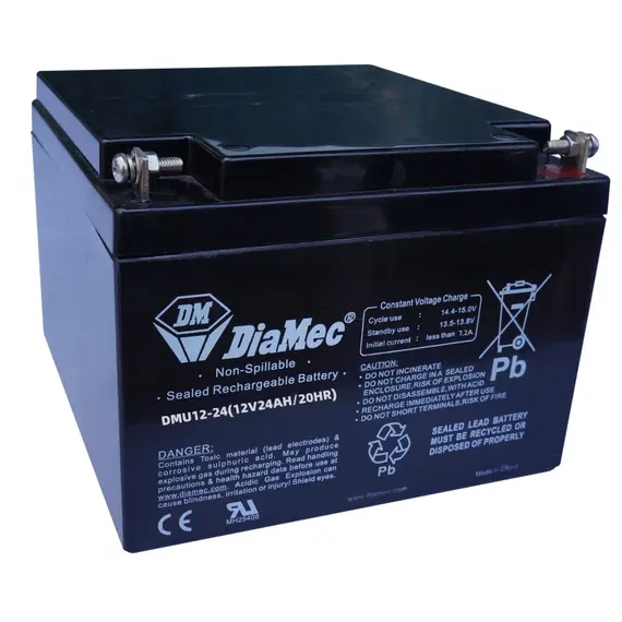 DIAMEC AGM (VRLA/SLA) gondozásmentes zárt akkumulátor biztonságtechnikai rendszerekhez és elektromos játékokhoz, ciklikus használatra, 12 V, 24 Ah, 175 x 166 x 126 mm, 7,9 kg