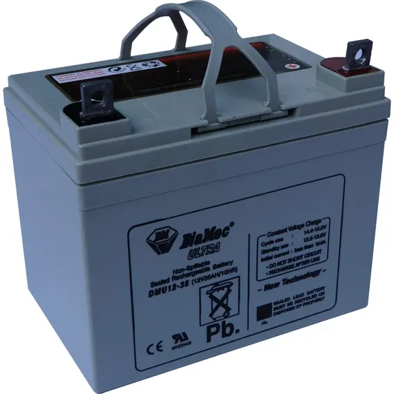 DIAMEC AGM (VRLA/SLA) gondozásmentes zárt akkumulátor biztonságtechnikai rendszerekhez és elektromos játékokhoz, ciklikus használatra, 12 V, 35 Ah, 195 x 130,5 x 154 mm, 10,5 kg