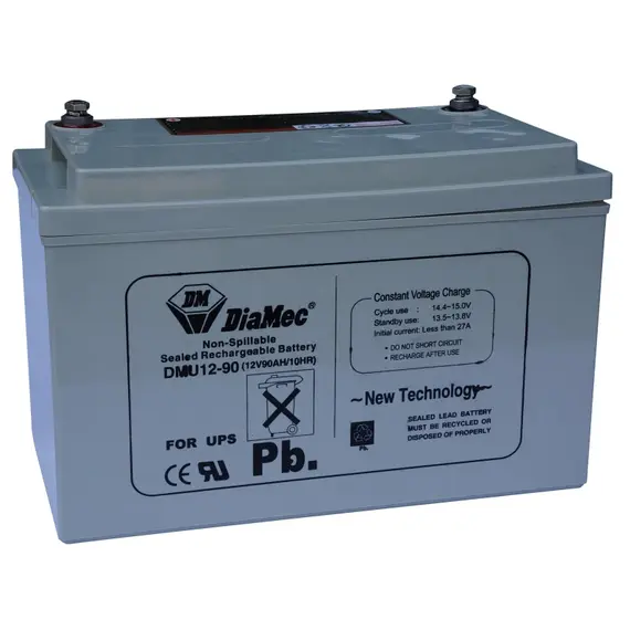 DIAMEC AGM (VRLA/SLA) gondozásmentes zárt akkumulátor biztonságtechnikai rendszerekhez és elektromos játékokhoz, ciklikus használatra, 12 V, 90 Ah, 330 x 172 x 217 mm, 27,5 kg