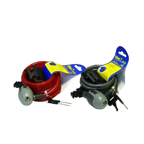 VIRO HAWAII kerékpár zár, kulcs nélkül is zárható, 2db 4 csapos kulccsal, 180cm hosszú PVC bevonatú 8mm átmérőjű drótkötél, vázra szerelhető tartóval