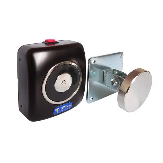 TIGERMAT Síktapadó elektromágnes, 24V, 70mA, 500N,fém házzal, tűzgátló és bejárati ajtók tartásához, nyomógombbal, falra szerelhető, kör alakú ellenoldallal.