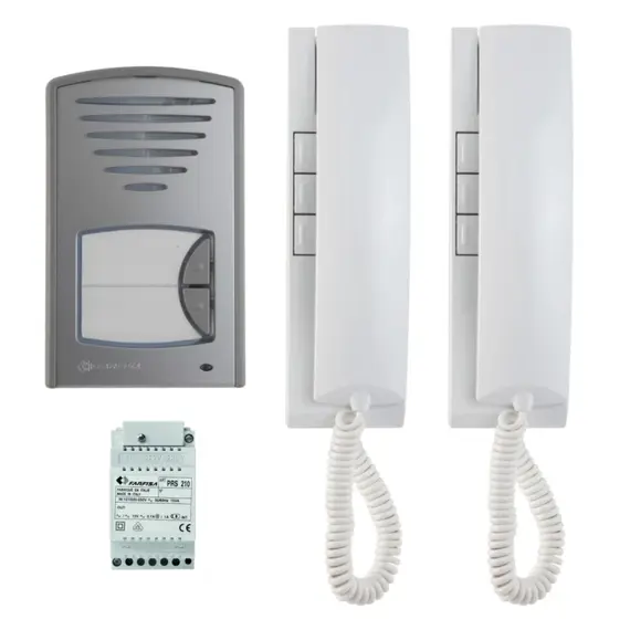 FARFISA Kaputelefon szett, 2 db EX311 Exhito kaputelefon, 1 db felületre szerelhető kültéri nyomógombos panel, 1 db PRS210 tápegység
