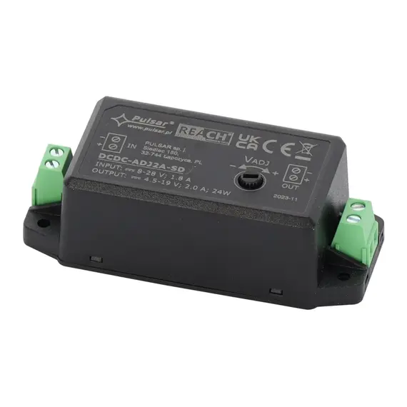 PULSAR DC/DC feszültségcsökkentő DC/DC átalakító, bemeneti feszültség: 8-28VDC, állítható kimeneti feszültség: 4,5V-19V DC max: 2A