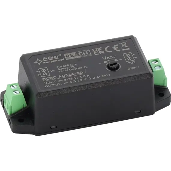 PULSAR DC/DC feszültségcsökkentő DC/DC átalakító, bemeneti feszültség: 8-28VDC, állítható kimeneti feszültség: 4,5V-19V DC max: 2A