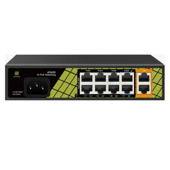 GENATA GNT-ES10UD-P-E  AI PoE Switch 120 W-os tápegység, 7. és 8. port maximális teljesítménye 60 W