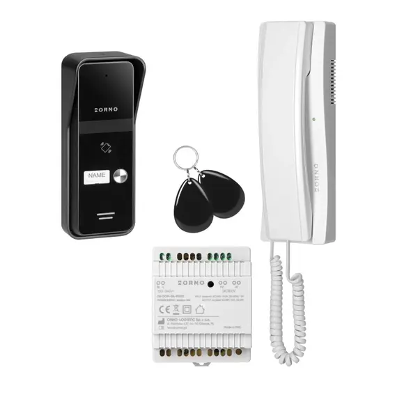 ORNO ENIR, egylakásos audio kaputelefon-készlet, 2-vezetékes, DIN-sínre szerelhető tápegység, RFID kártyaolvasós, fehér