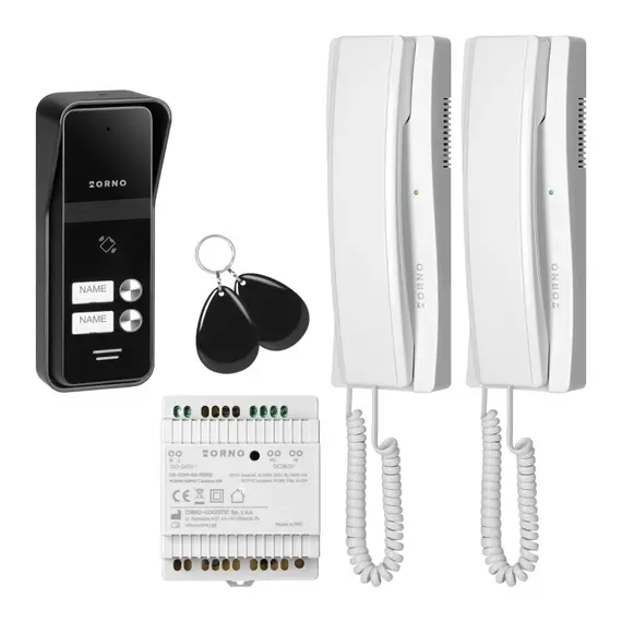 ORNO ENIR MULTI, kétlakásos audio kaputelefon-készlet, 2-vezetékes, DIN sínre szerelhető tápegység RFID kártyaolvasós, fehér