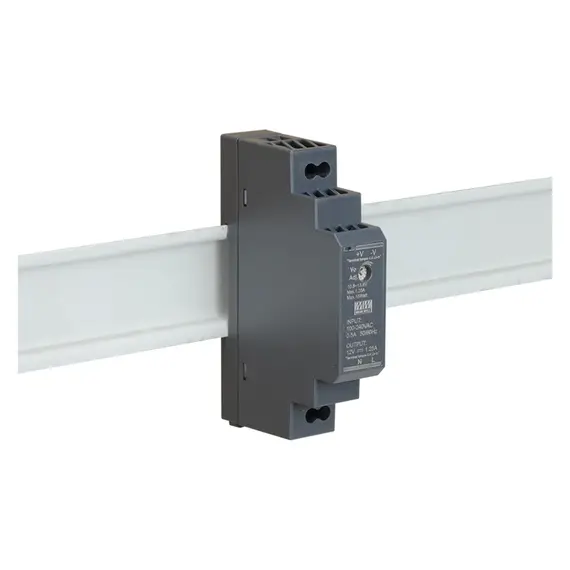 MEAN WELL DIN sínes tápegység. Tápfeszültség: 85÷264VAC / 120÷370VDC. Kimeneti feszültség: 1,25A/12VDC.