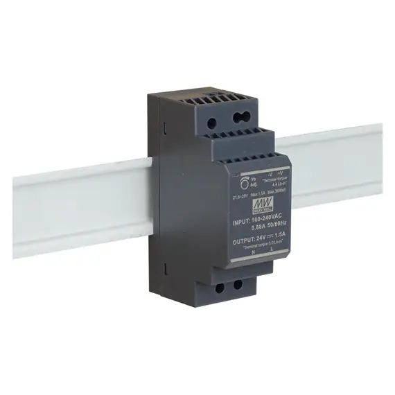 MEAN WELL DIN sínes tápegység. Tápfeszültség: 85÷264VAC / 120÷370VDC. Kimeneti feszültség: 1,5A/24VDC.