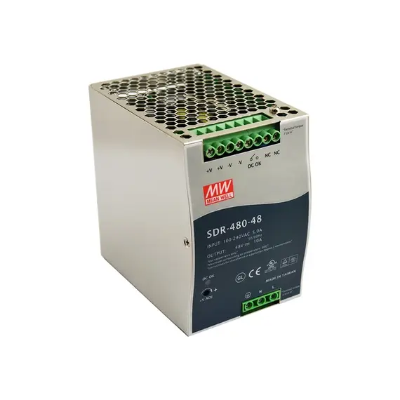 MEAN WELL DIN sínes tápegység. Tápfeszültség: 90÷264VAC / 127÷370VDC. Kimeneti feszültség: 10A/48VDC.