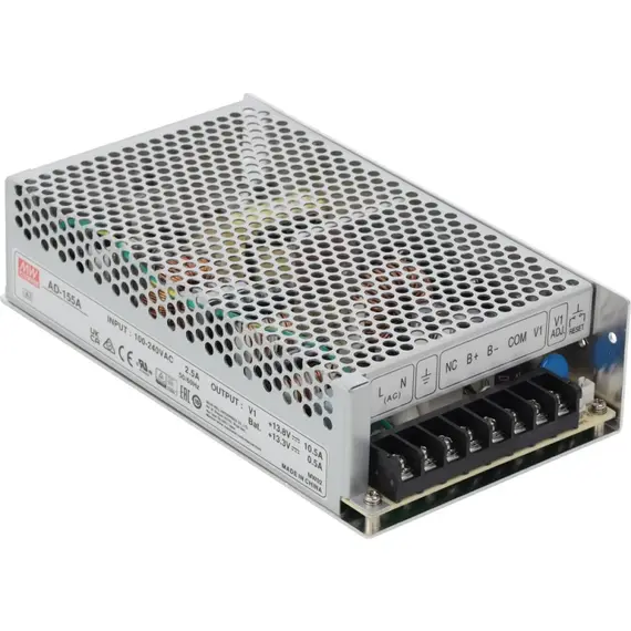 MEAN WELL Tápegység,  kapcsolóüzemű akkumulátortöltővel, bemenet: 88-264VAC, 124-370VDC. Kimenet 10.5A/13.8 VDC, 12-14.5VDC