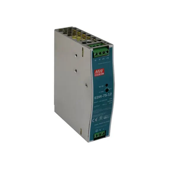 MEAN WELL DIN sínes tápegység. Tápfeszültség: 90÷264VAC / 127÷370VDC. Kimeneti feszültség: 6,3A/12VDC.