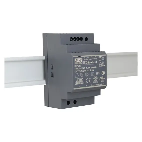 MEAN WELL DIN sínes tápegység. Tápfeszültség: 85÷264VAC / 120÷370VDC. Kimeneti feszültség: 7,1A/12VDC.