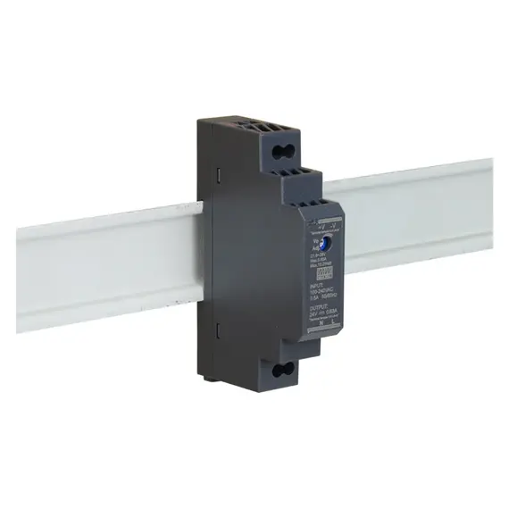MEAN WELL DIN sínes tápegység. Tápfeszültség: 85÷264VAC / 120÷370VDC. Kimeneti feszültség: 0,63A/24VDC.