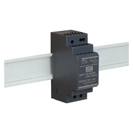 MEAN WELL DIN sínes tápegység. Tápfeszültség: 85÷264VAC / 120÷370VDC. Kimeneti feszültség: 2A/12VDC.