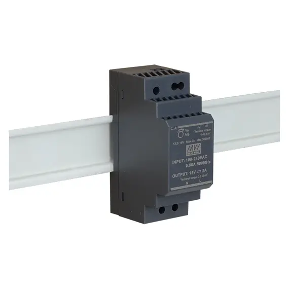 MEAN WELL DIN sínes tápegység. Tápfeszültség: 85÷264VAC / 120÷370VDC. Kimeneti feszültség: 2A/15VDC.