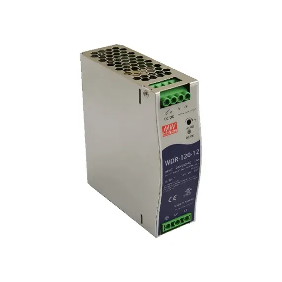 MEAN WELL DIN sínes tápegység. Tápfeszültség: egyfázisú / kétfázisú - 180÷550VAC / 254÷780VDC. Kimeneti feszültség: 10A/12VDC.